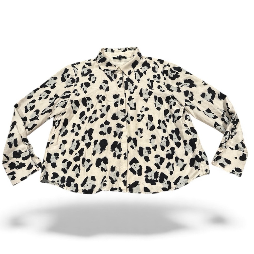 Lafayette 148 Scottie Silk Animal Print Leopard Black Cream White Blue Blouse M - Picture 2 of 11